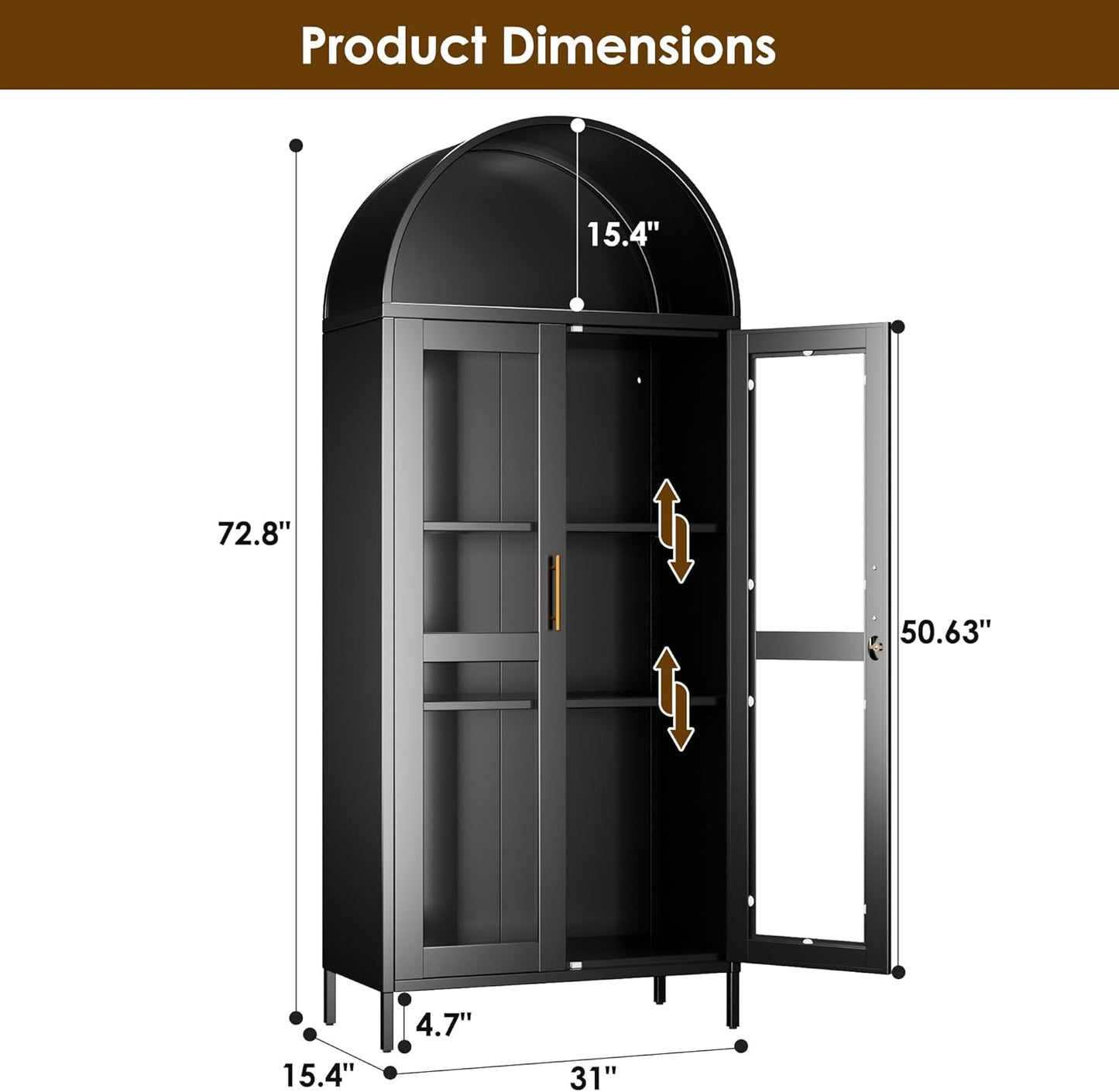 Metal Arched Cabinet With Lock, Arch Display Bookcase With Glass Doors Shelves, Modern Freestanding Kitchen Pantry Storage Cabinet For Dining Room, Home, Office, Assembly Required Black