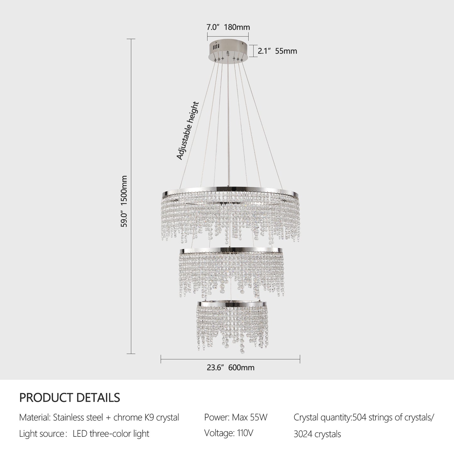 24-inch Crystal Chandelier LED Ceiling Lamp, Adjustable Color Temperature 3000K 4000K 6000K, Height Adjustable, Luxury Round Chandelier, Suitable For Living Room, Dining Room, Bedroom