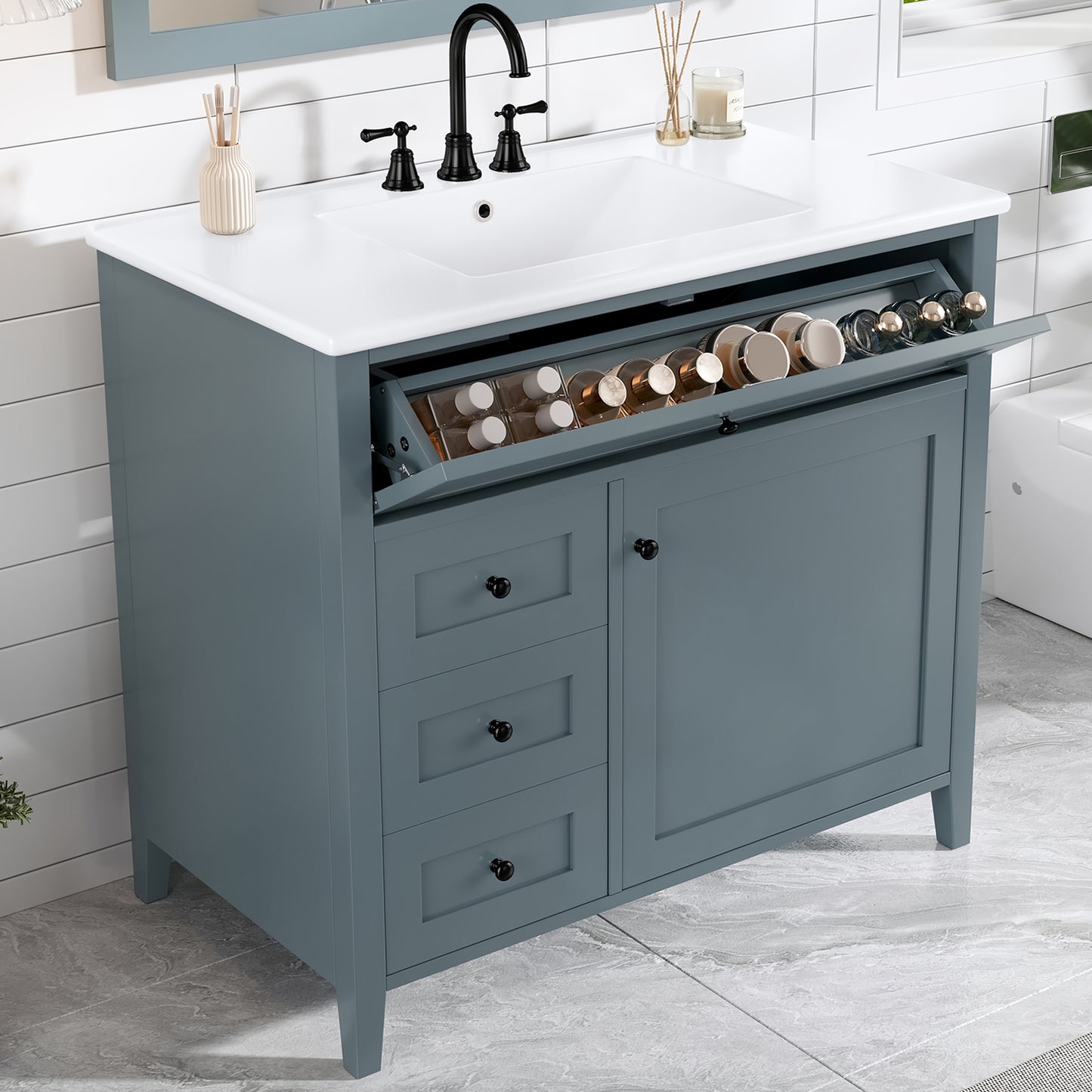 36-Inch Blue Gray Bathroom Vanity With Sink, Modern MDF And Rubberwood Cabinet With 3 Drawers And Adjustable Shelf, Freestanding Vanity For Bathroom Storage And Organization