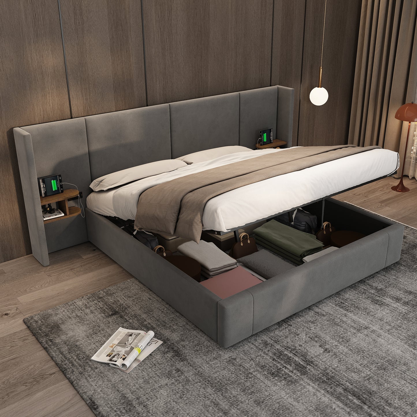 Upholstered Bed, Super King Size Bed-6ft180x200cm,Velvet Ottoman Lift Up Super King Size Bed Frame, Hydraulic Wide-ear Bed With USB Connection, With Sockets, With Two Bedside Tables,No Mattre,grey