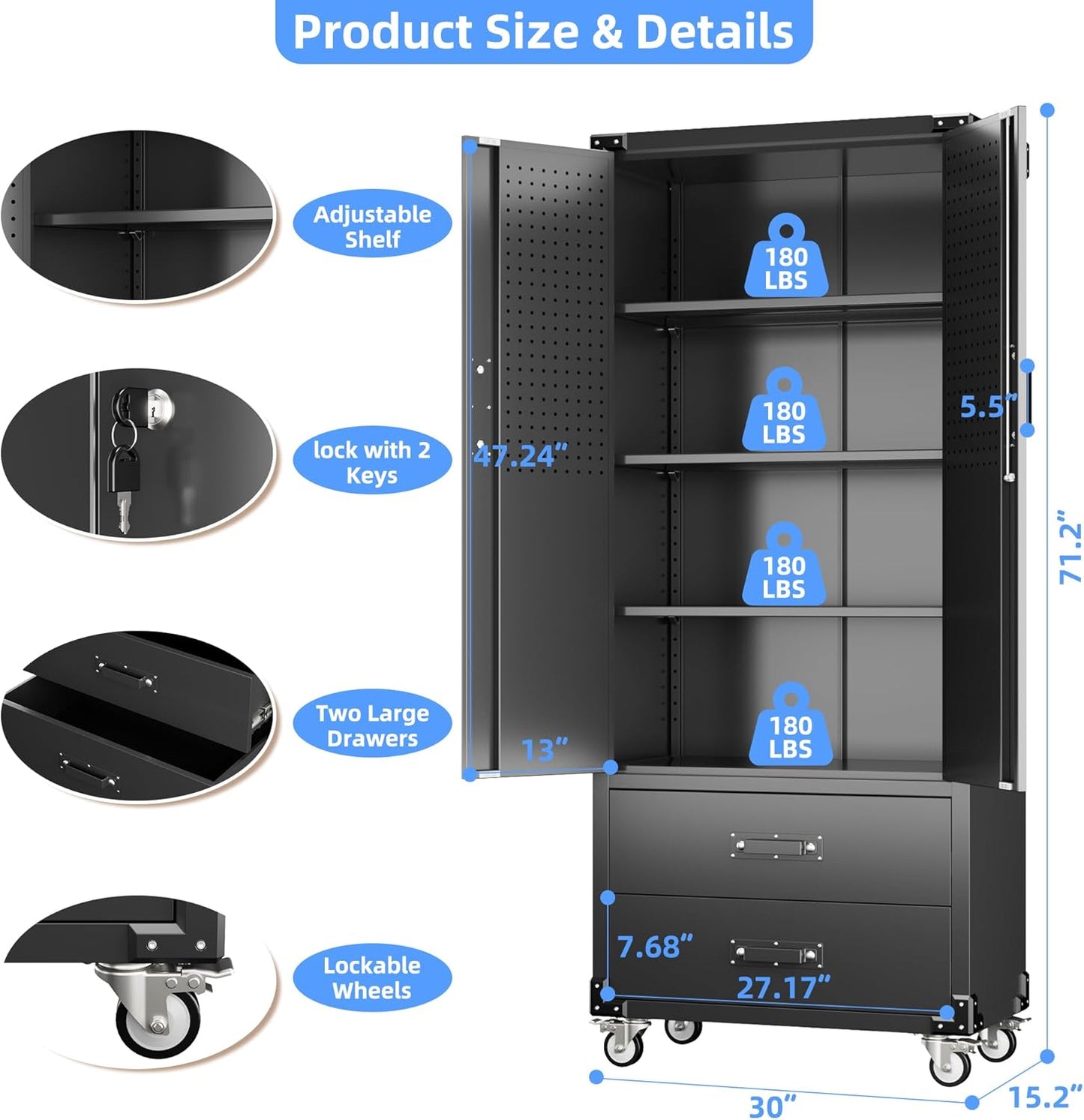 Rolling Storage Cabinet With 2 Doors And 2 Drawers, Metal Storage Cabinet With Doors And Shelves, Locking Steel Cabinet For Warehouse, Home, Office Black