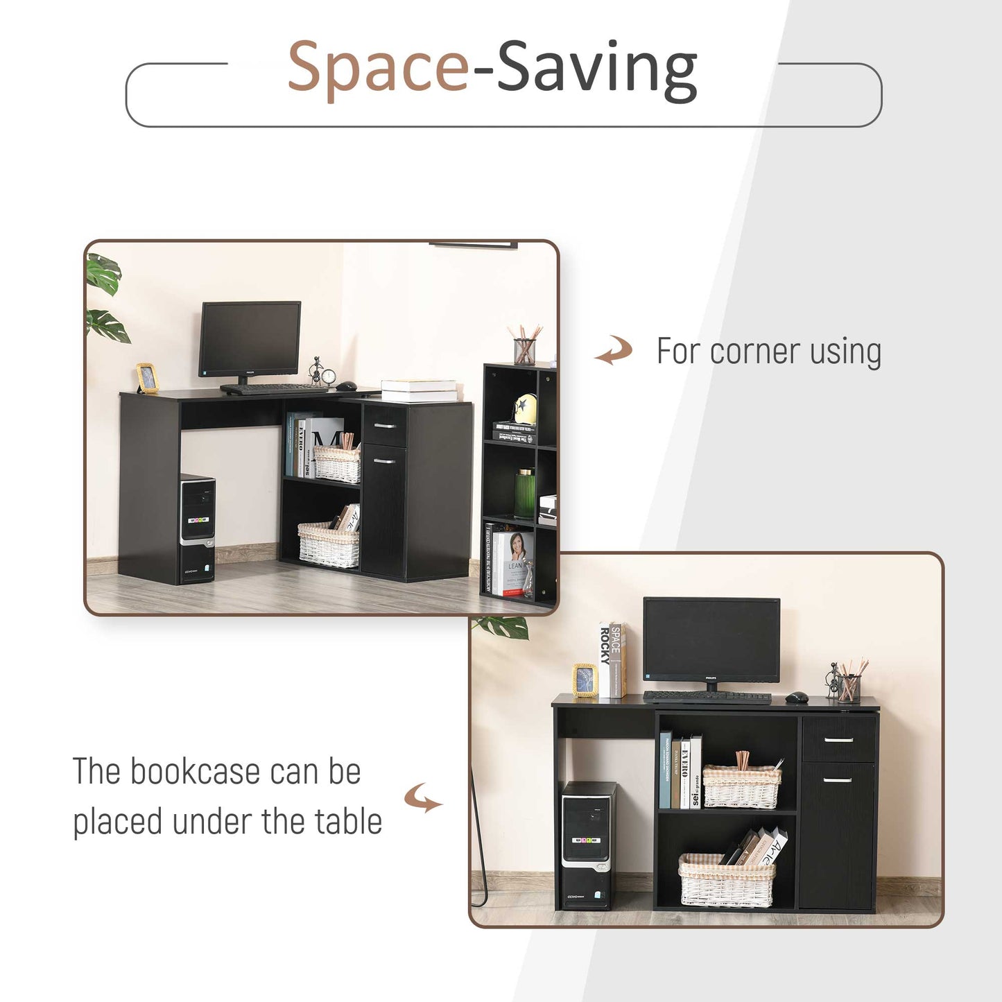 L Shaped Computer Desk, 180° Rotating Corner Desk with Storage Shelves, Drawer and Cabinet, Study Workstation for Home Office, Black