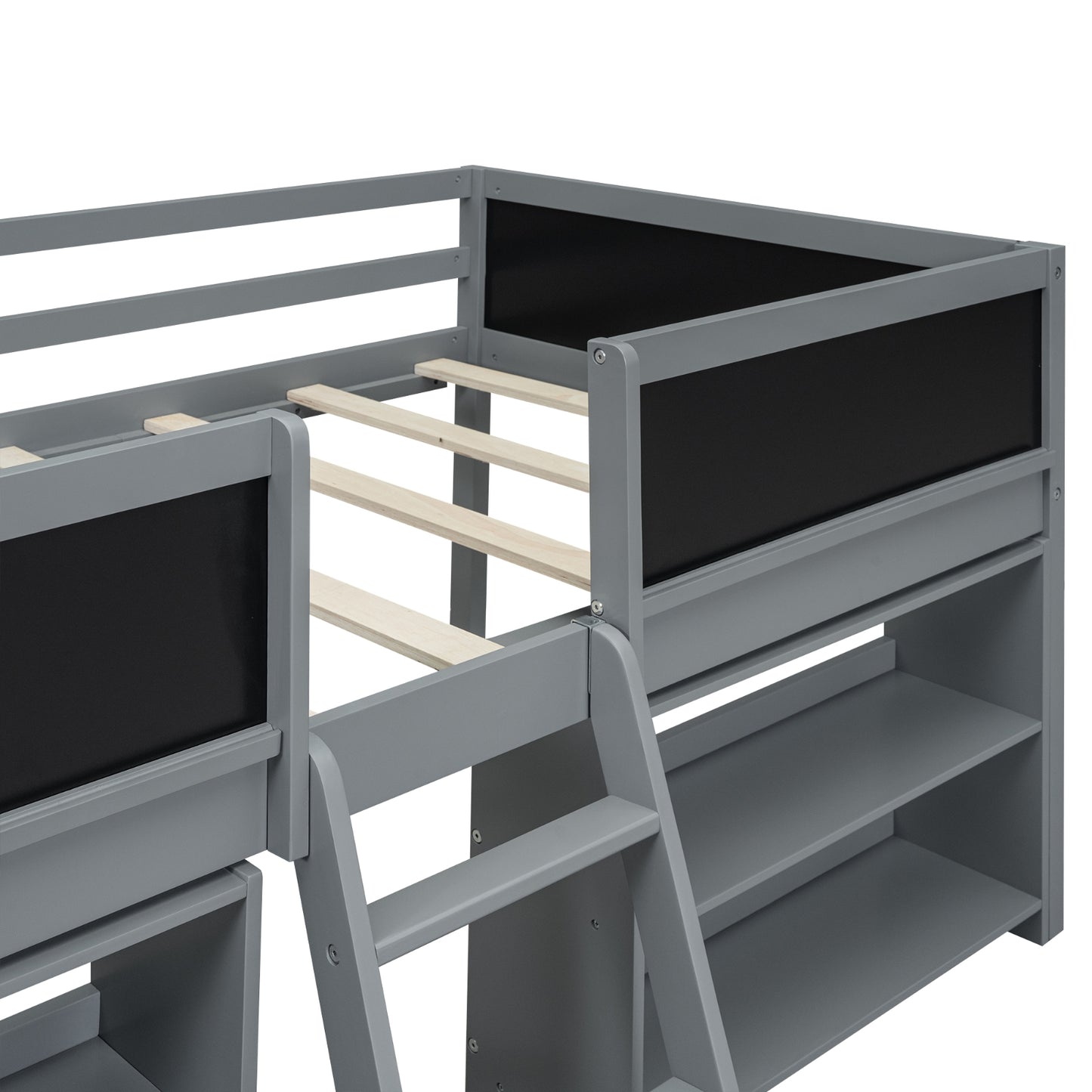 Twin Size Low Loft Bed With Movable Shelves, Ladder & Guardrail Chalkboard, Gray