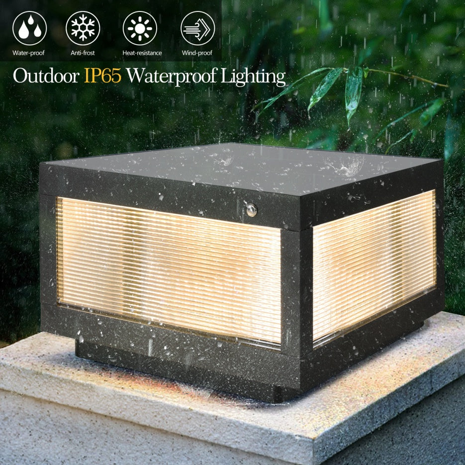 12inch Black Solar Powered LED Post Cap Light, Modern Outdoor LED Fence Light For Pathways, Decks, And Patios1-Pack