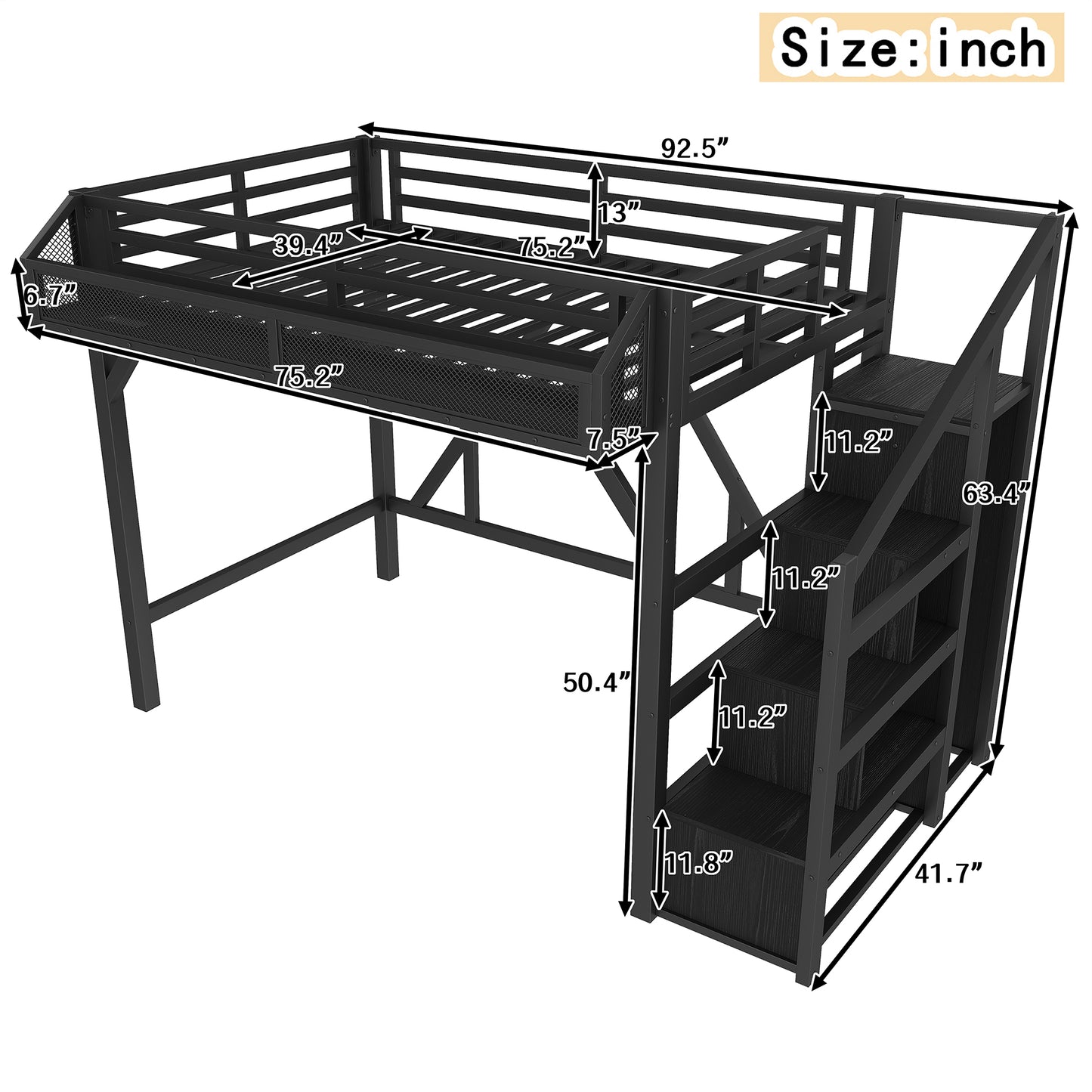 Twin Loft Bed With Storage Stairs, Shelves And Built-in Wardrobe, Metal Loft Bed Frame With USB Ports And LED Lights, Noise-reduced Design, Black