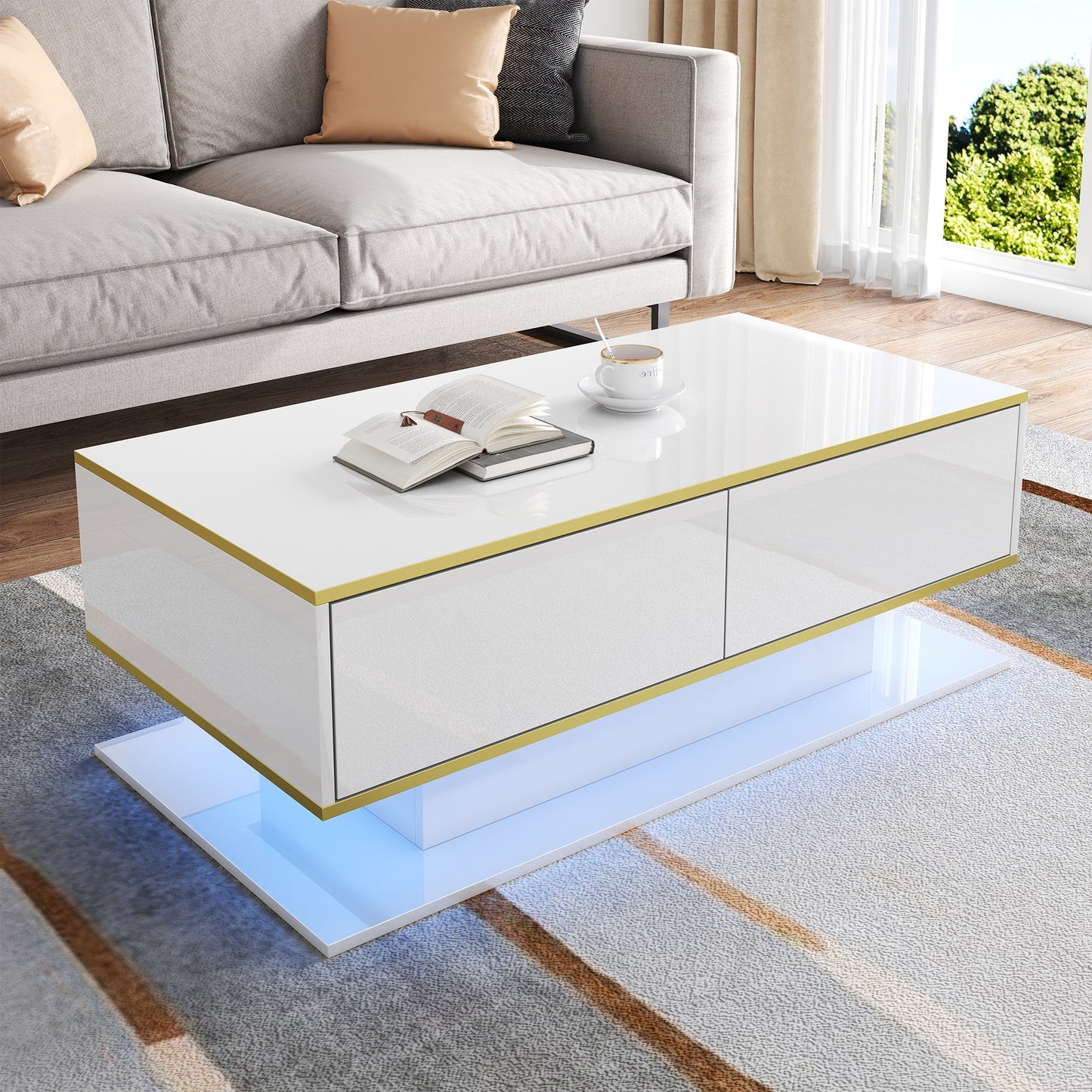 Modern LED Coffee Table With High-Gloss Finish, 100 Cm Length, Gold Accents, 3 Drawers & USB LED Light Strip Adapter-Power Bank Required