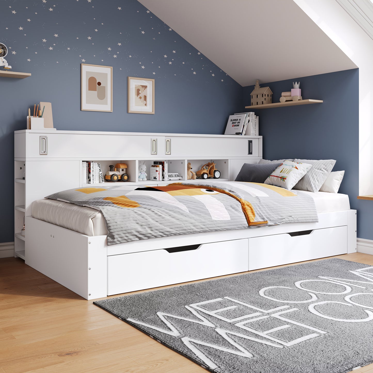 Sofa Bed, Storage Dayed,3ft 90x190 Cm, Multifunctional Storage Bed With Drawers, Shelves And Storage Cabinets, Bed Box With Storage Space, Mattress Not Included, White