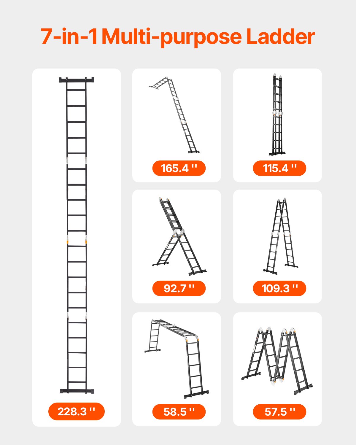 Multi-Purpose Folding Ladder, 7-in-1 Tall Extension Step Ladder, A Frame 5 Step Telescoping Ladder, 19ft Reach Height Heavy Duty Adjustable Ladder, 330 Lbs Capacity For Home Outdoor