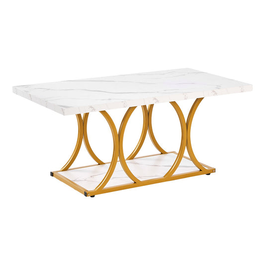 Coffee Table, Modern Faux Marble Coffee Table, 2-Tier Rectangle Center Desk With Geometric Legs, Minimalist Sturdy Metal Frame Accent End Desk For Living Room, Office, Easy Assembly, White