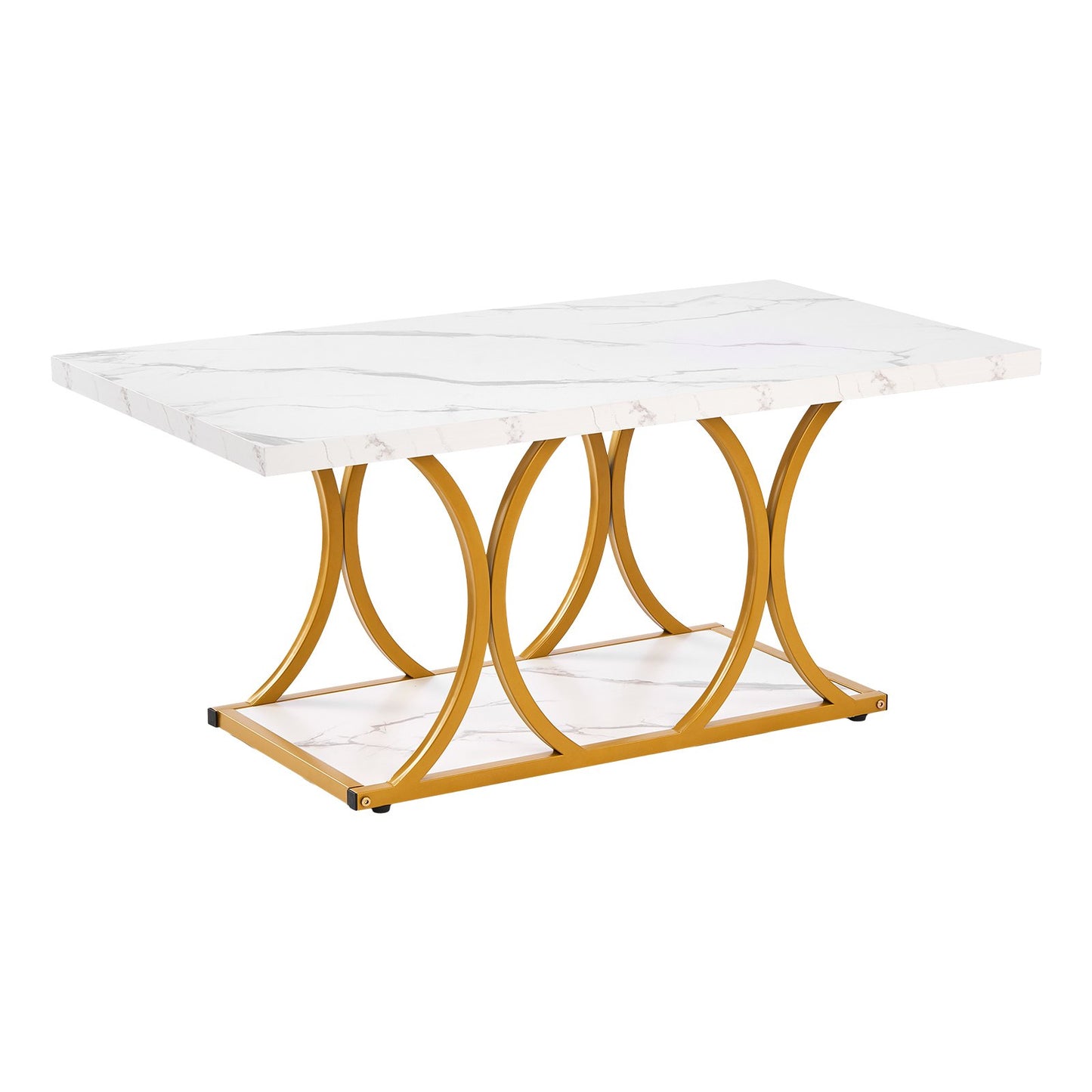 Coffee Table, Modern Faux Marble Coffee Table, 2-Tier Rectangle Center Desk With Geometric Legs, Minimalist Sturdy Metal Frame Accent End Desk For Living Room, Office, Easy Assembly, White