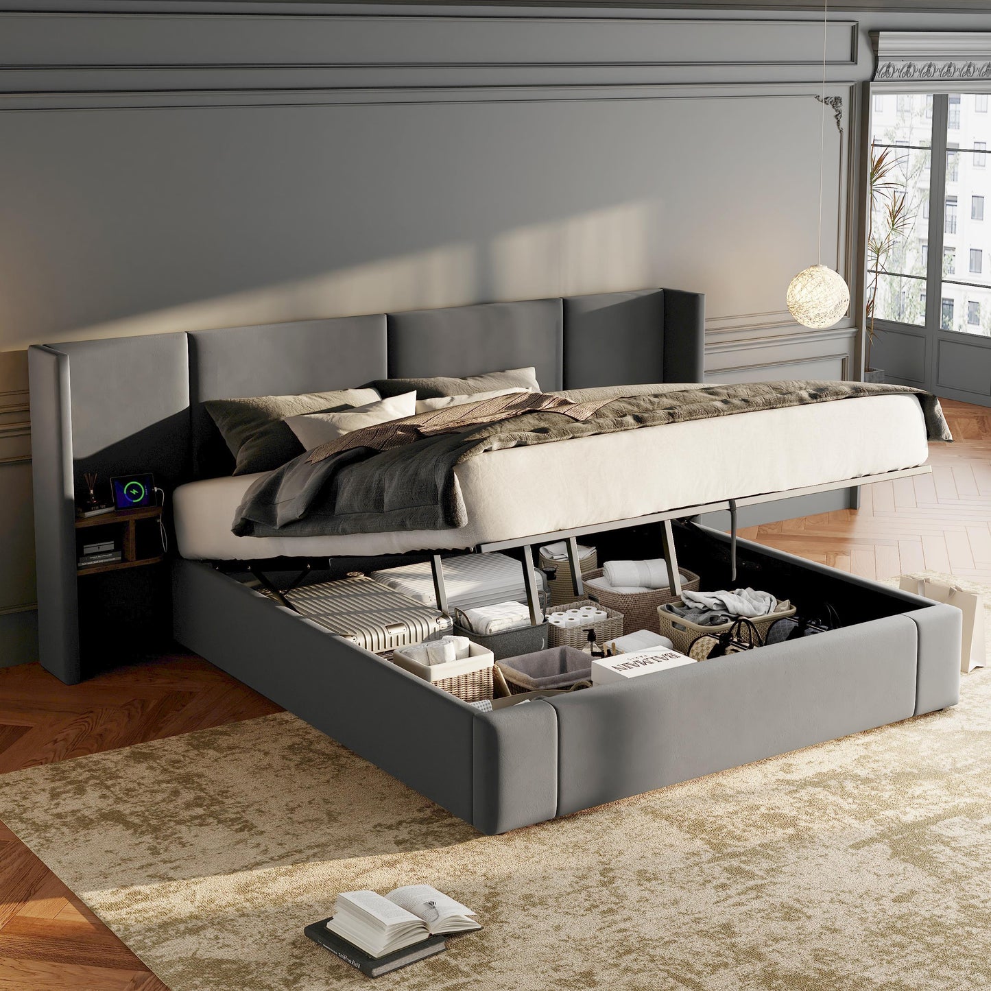 Upholstered Bed, Super King Size Bed-6ft180x200cm,Velvet Ottoman Lift Up Super King Size Bed Frame, Hydraulic Wide-ear Bed With USB Connection, With Sockets, With Two Bedside Tables,No Mattre,grey