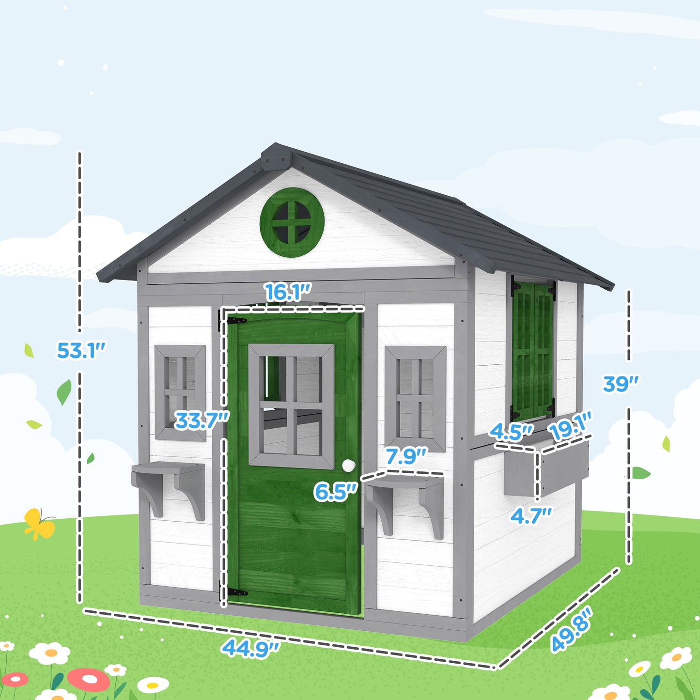 Wooden Playhouse For Kids Outdoor With Doors, Windows, Planter Pots And Boxes For Toddlers 3-8 Years, White