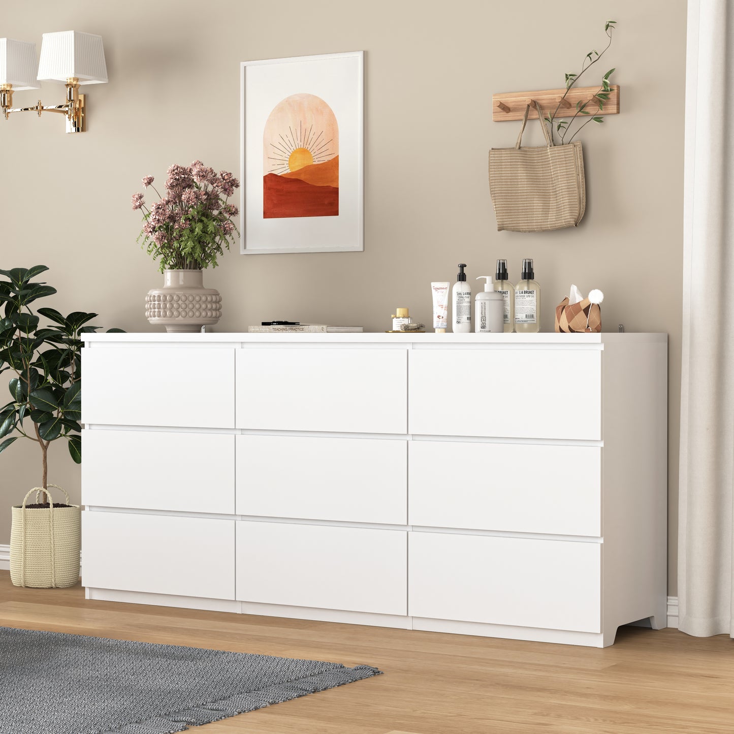 9 Drawer Dresser With No Handle Design, Modern White Matte Wood Dresser For Bedroom, Storage Chest Of Drawers For Living Room, Hallway, Entryway