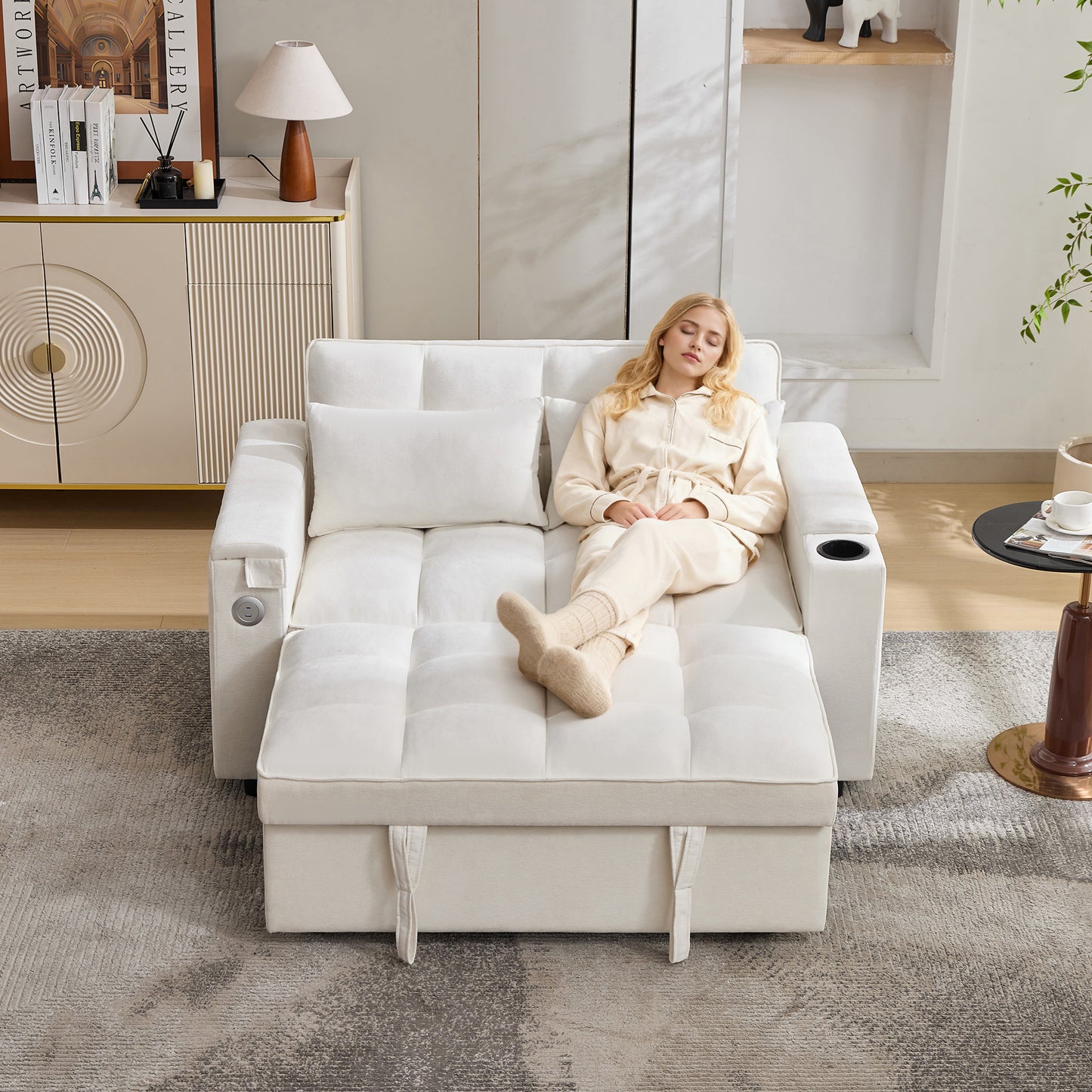 2 Seater Click Clack Sofa Bed,  Pull Out Sofa Bed,  Futon Sofa Recliner, With Cup Holders And Hidden Table, USB & Type-C, 3-Gear Back Angle Adjustable, For Apartment, Living Room, Bedroom, Beige