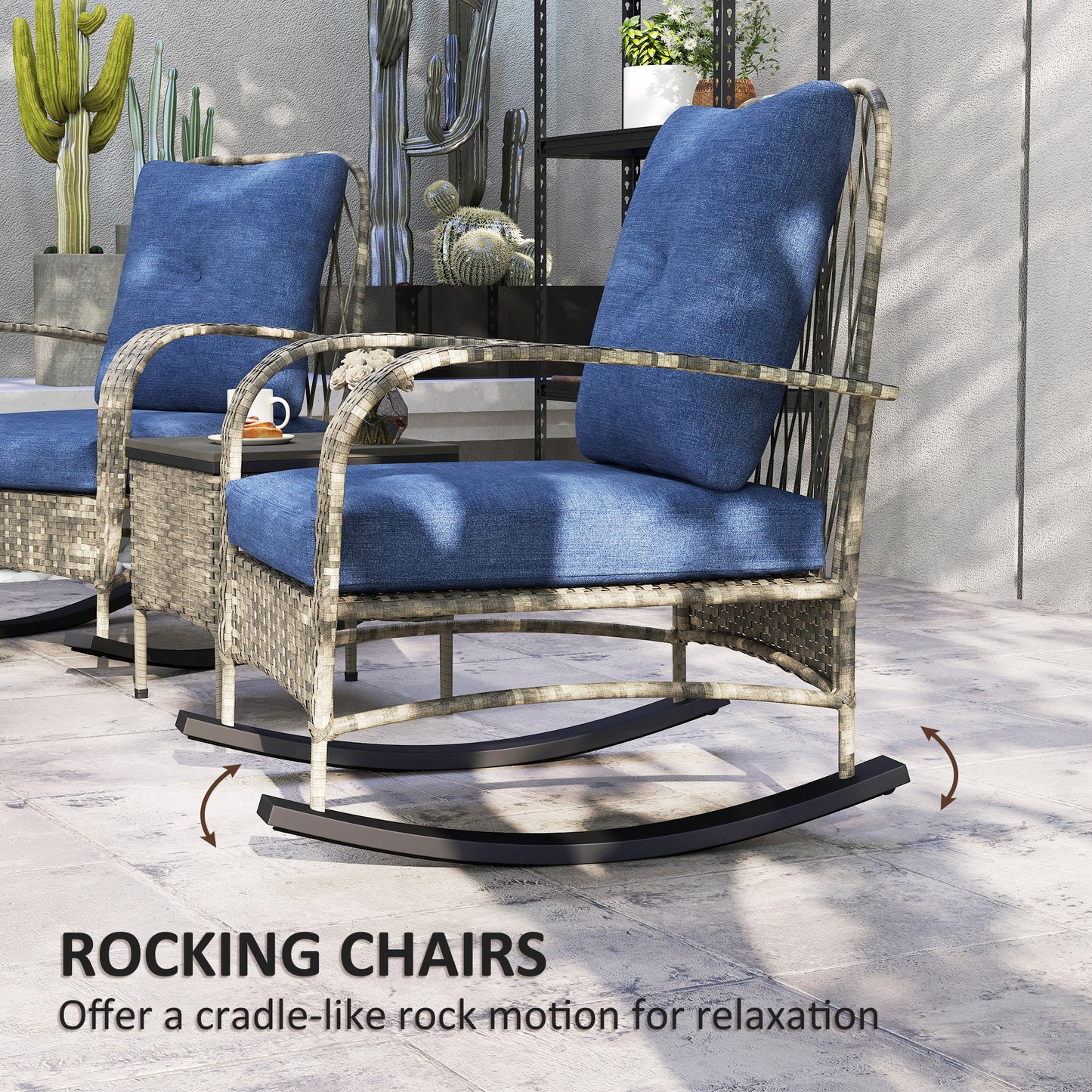 3 Piece Wicker Patio Furniture Set, Outdoor PE Rattan Rocking Chairs With Coffee Table, Cushions For Porch, Gray