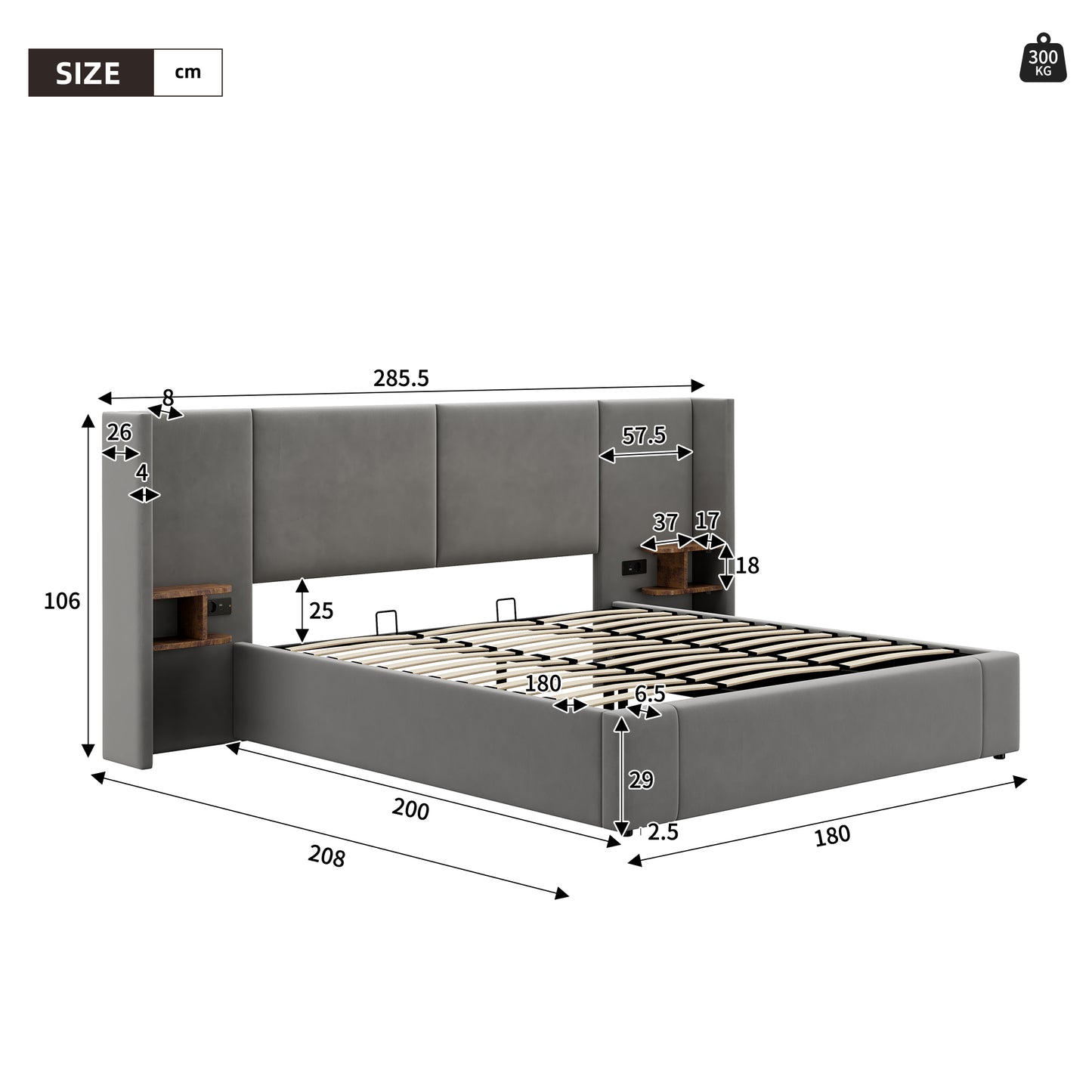 Upholstered Bed, Super King Size Bed-6ft180x200cm,Velvet Ottoman Lift Up Super King Size Bed Frame, Hydraulic Wide-ear Bed With USB Connection, With Sockets, With Two Bedside Tables,No Mattre,grey