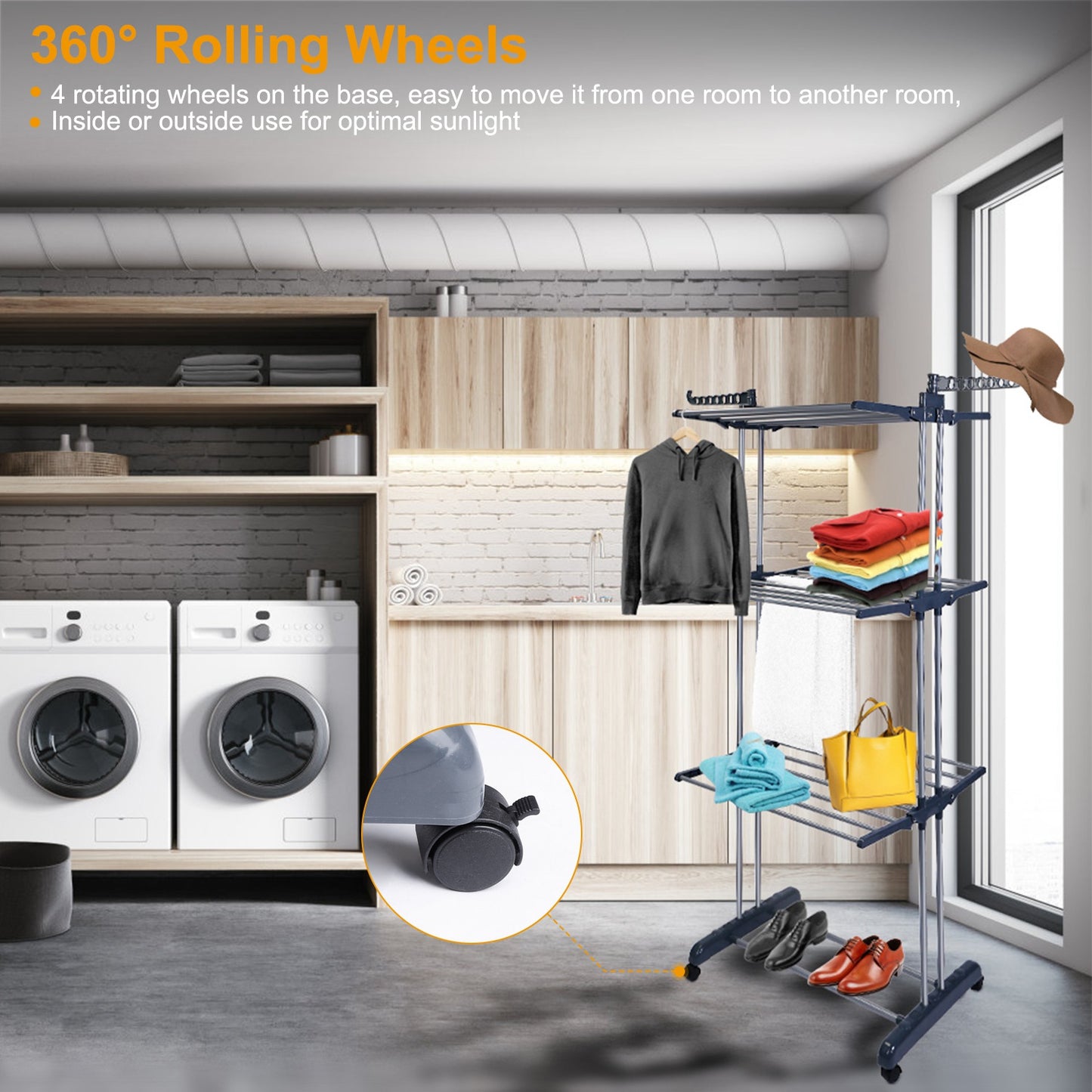 1Pc Clothes Drying Rack Rolling Collapsible Laundry Dryer Hanger Stand Rail Shelve Wardrobe Clothing Drying Racks With Dual Side Wings