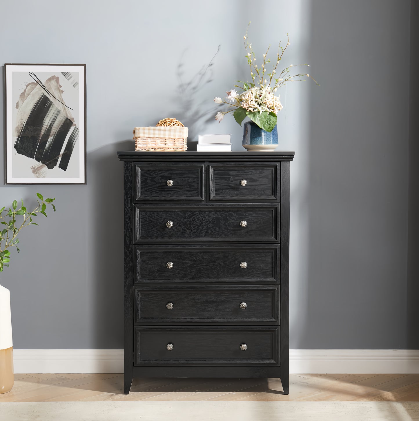 Modern 6 Drawers Dresser 6 Drawers Cabinet,Chest Of Drawers Closet Organizers And Storage Clothes Storage Drawers Cabinet For Living Room, Farmhouse Dresser Organizer Black
