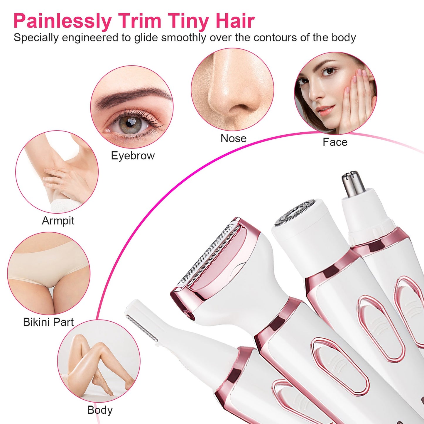 1Pc 4 In 1 Electric Razor For Women Painless Grooming Kit Rechargeable Eyebrow Nose Hair Pubic Hair Bikini Trimmer Face Shaver