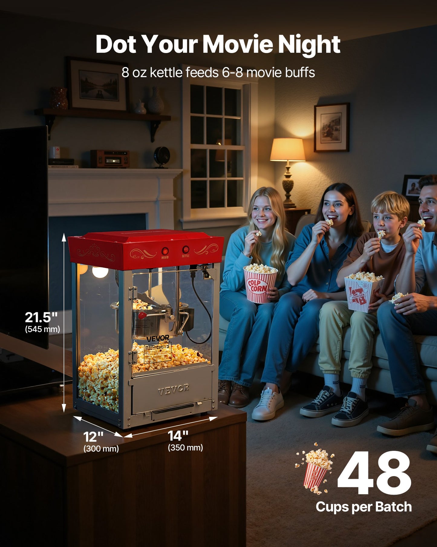 Popcorn Machine, 8oz Stainless Steel Kettle, 800W Commercial Countertop Popcorn Maker, 48 Cups Per Batch Theater Style Popper, With 2-Button Control Glass Wall PC Door 1 Scoop 3 Spoons, Red