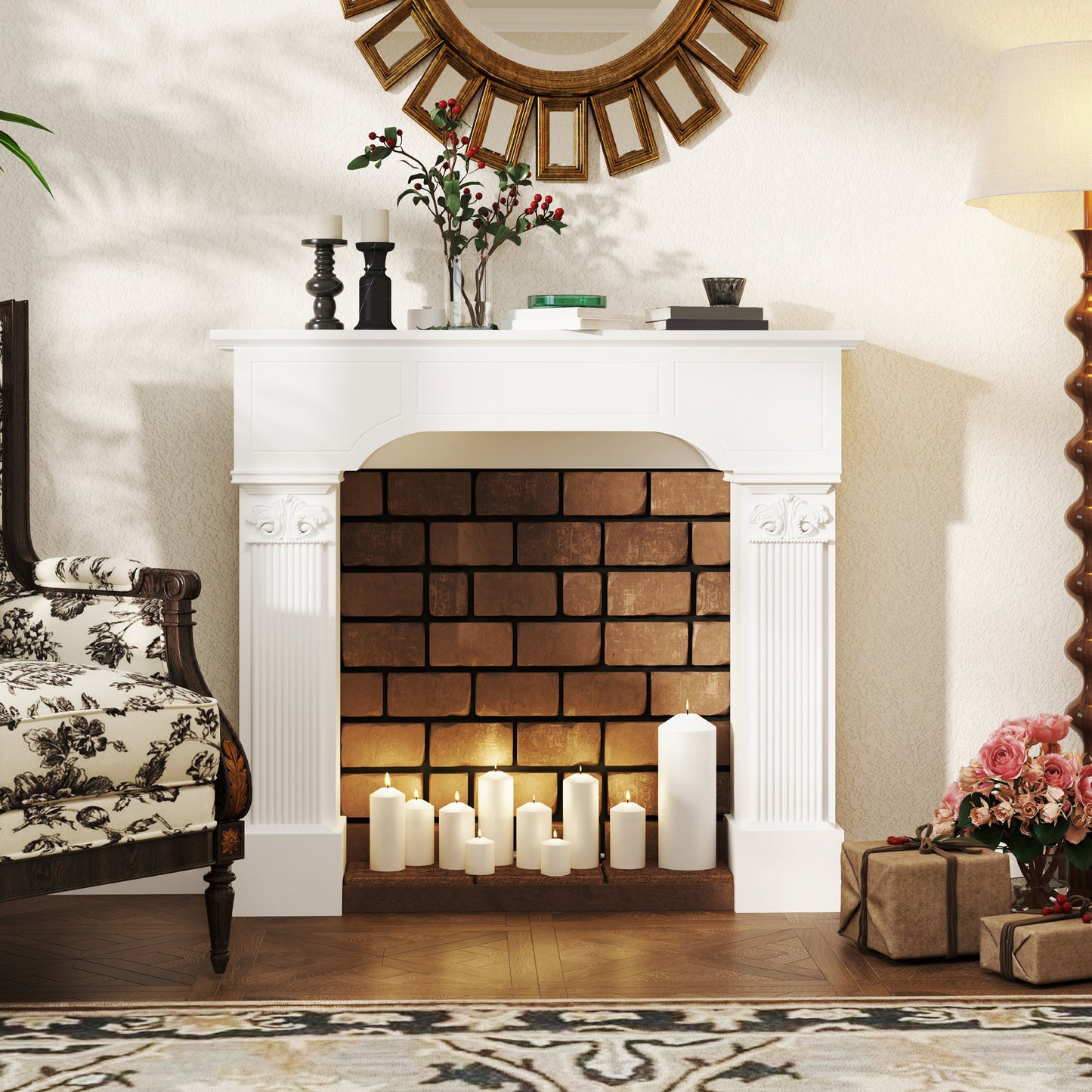 Baroque Fireplace Mantle, Freestanding Fireplace Surround for Electric Fireplaces, 43.3" W x 42.8" H, White