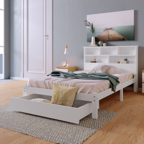Bed With Shelves, White Wooden Storage Bed, Underbed Drawer - 3FT Single 90 X 190 Cm Frame Only