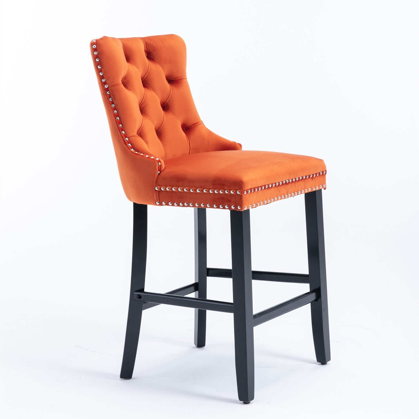 Contemporary Velvet Upholstered Barstools With Button Tufted Decoration And Wooden Legs, And Chrome