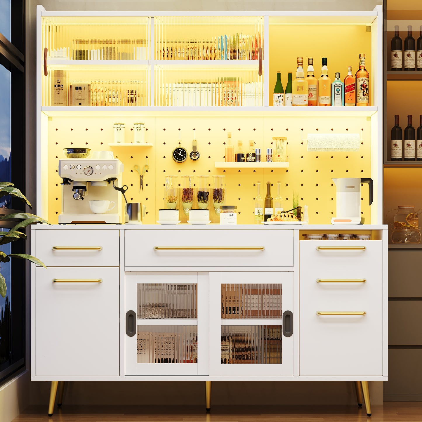 Modernes Sideboard Mit LED Beleuchtung  Hochschrank Fur Kuche  Wohnzimmer, Aufbewahrungsschrank Mit Lochwand, Schublade  Glasboden, White
