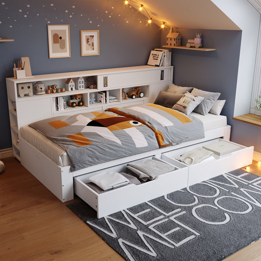 Sofa Bed, Storage Dayed,3ft 90x190 Cm, Multifunctional Storage Bed With Drawers, Shelves And Storage Cabinets, Bed Box With Storage Space, Mattress Not Included, White