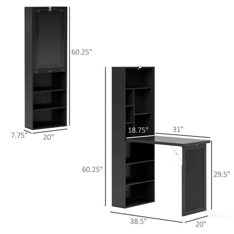 Old-out Convertible Home Office Desk, Wall Mount Computer Desk With Blackboard And Side Shelf, Black