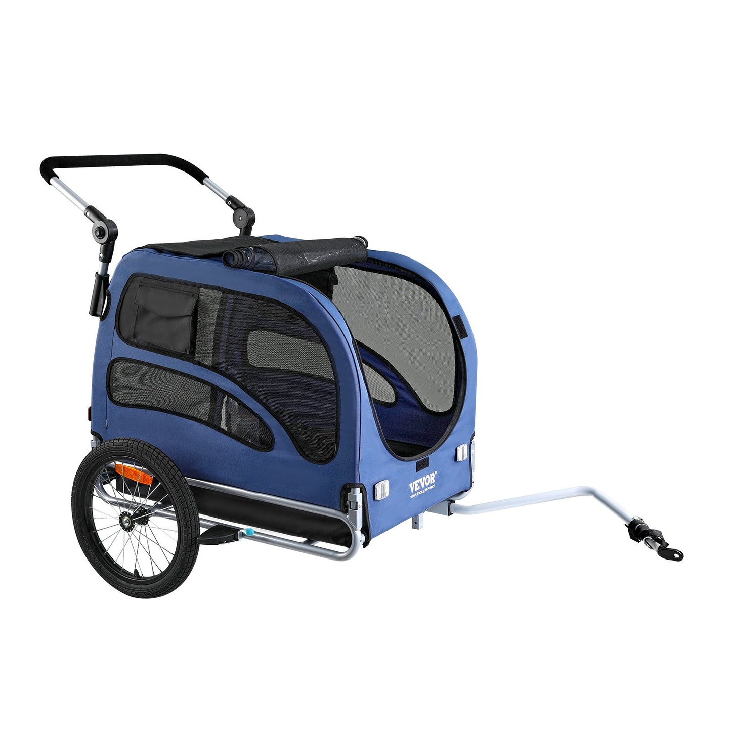 2-in-1 Pet Stroller Cart Bicycle Carrier, Easy Folding Cart Frame With Quick Release Wheels, Universal Bicycle Coupler, Reflectors, Flag, Blue Black