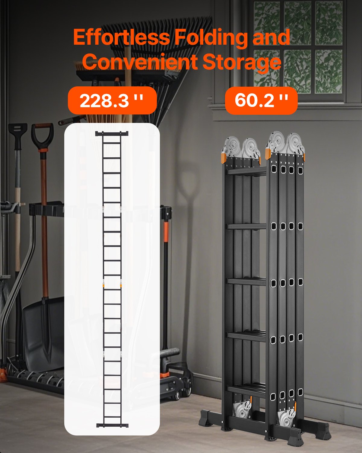 Multi-Purpose Folding Ladder, 7-in-1 Tall Extension Step Ladder, A Frame 5 Step Telescoping Ladder, 19ft Reach Height Heavy Duty Adjustable Ladder, 330 Lbs Capacity For Home Outdoor