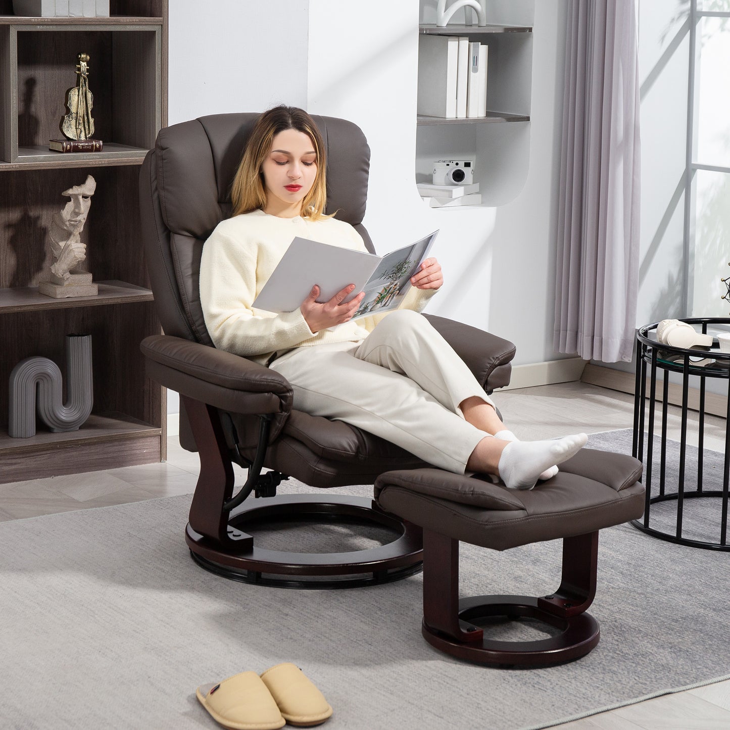 Swivel Recliner With Ottoman, PU Leather Reclining Chair With Footrest, For Living Room, Bedroom, Dark Brown