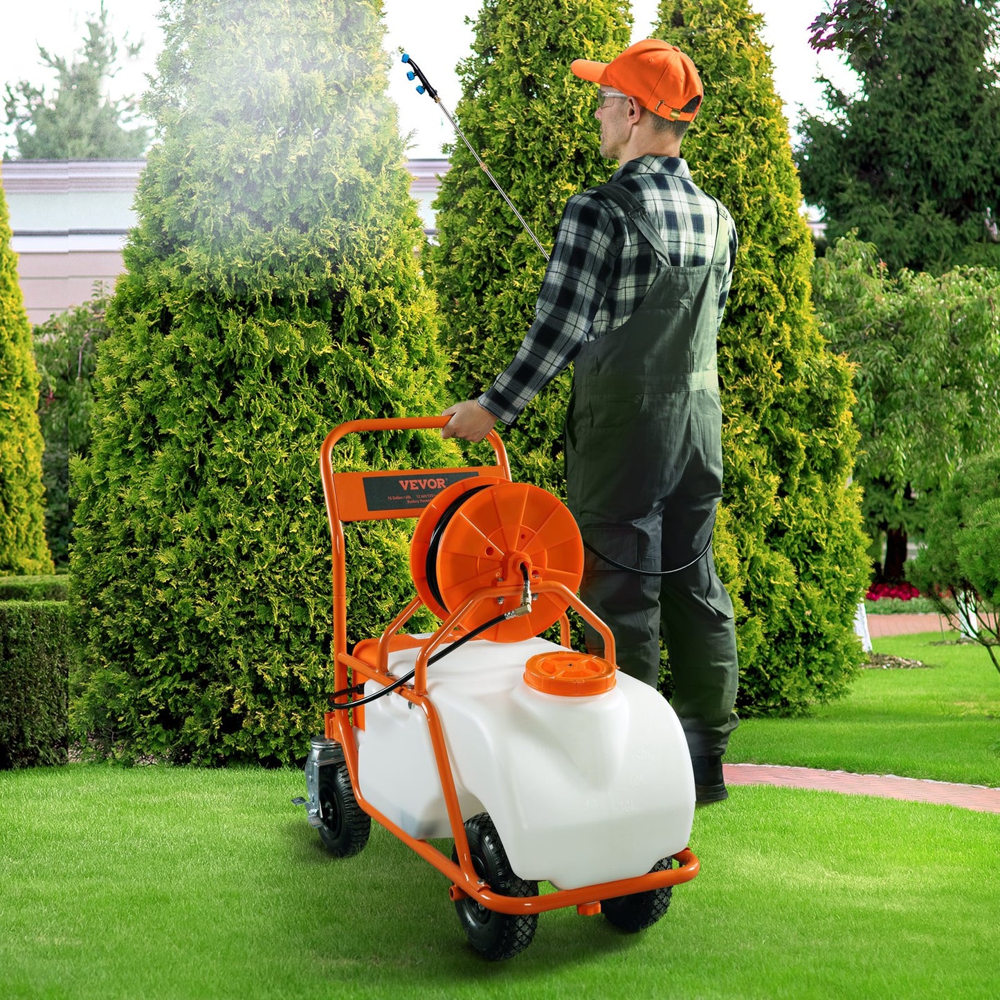 Battery Powered Lawn Sprayer On Wheel, 0-90 PSI Adjustable Pressure, 15 Gallon Tank, Cart Sprayer With 8 Nozzles And 2 Wands, 12V 12Ah Battery, Wide Mouth Lid For Weeding, Spraying