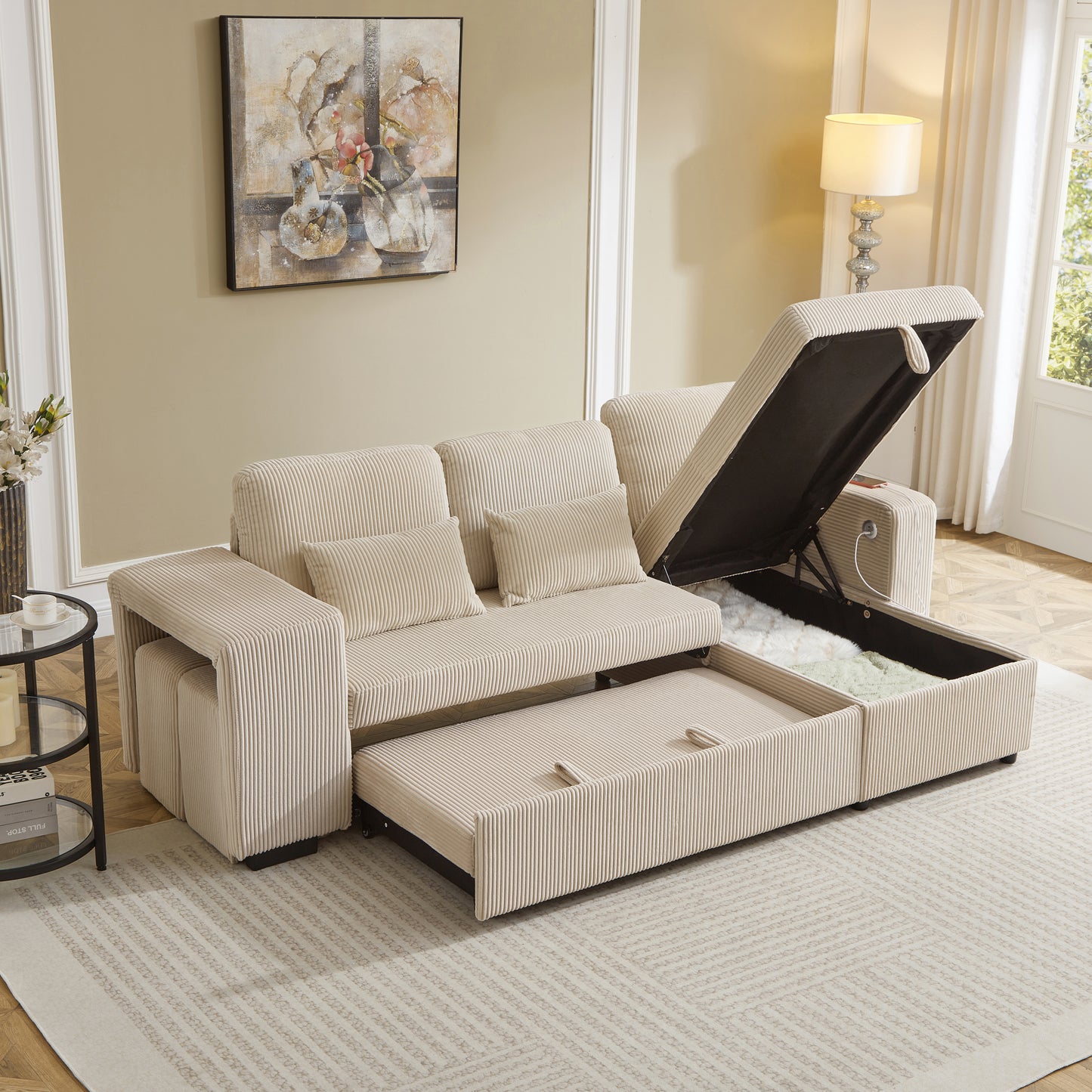 Modern L-Shaped Convertible Sofa Bed, 3-in-1 Convertible Sofa Bed With Internal Storage Chaise, Nesting Footstools, Integrated Charging Station & Adjustable Armrest Side Storage, Corduroy Fabric,Beige