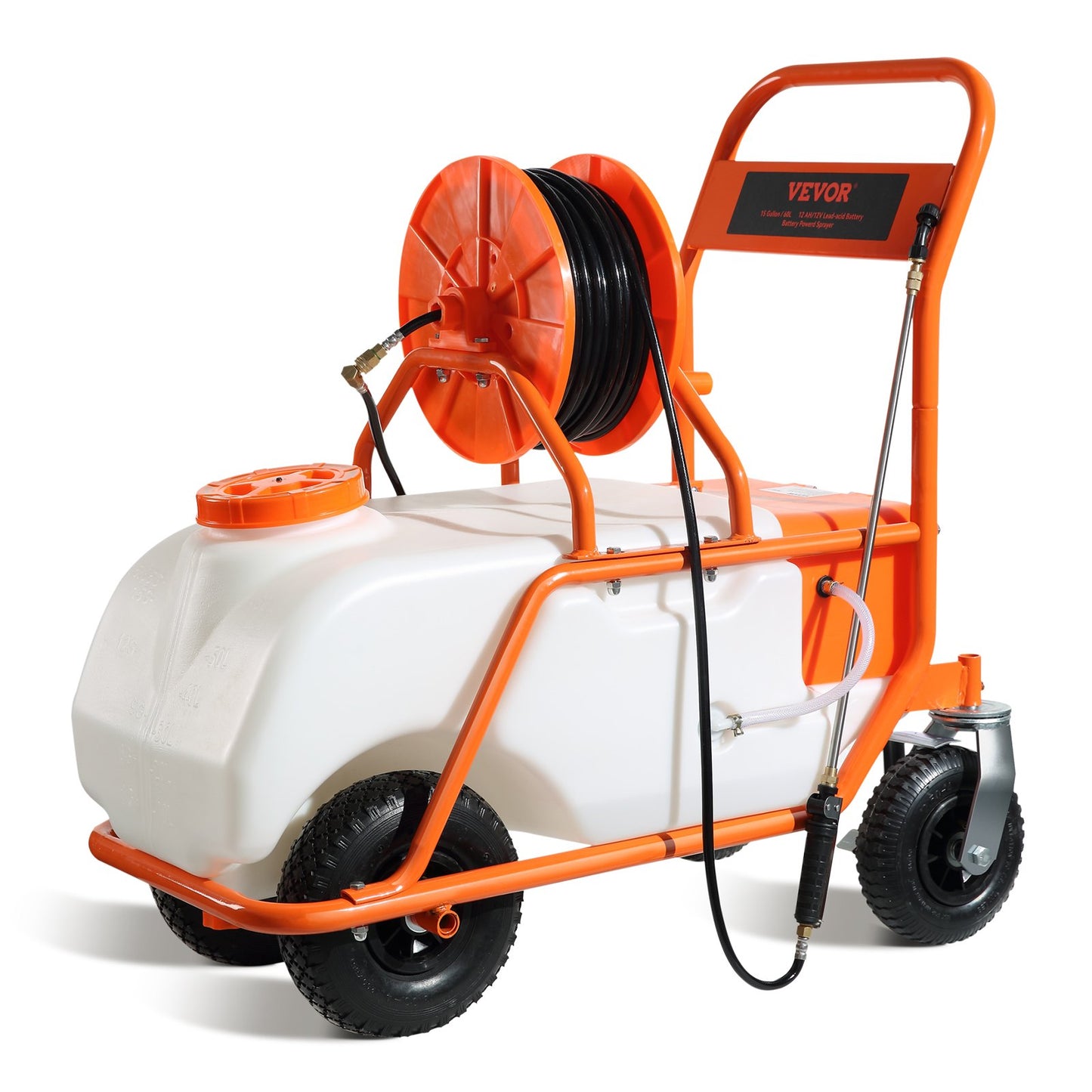 Battery Powered Lawn Sprayer On Wheel, 0-90 PSI Adjustable Pressure, 15 Gallon Tank, Cart Sprayer With 8 Nozzles And 2 Wands, 12V 12Ah Battery, Wide Mouth Lid For Weeding, Spraying