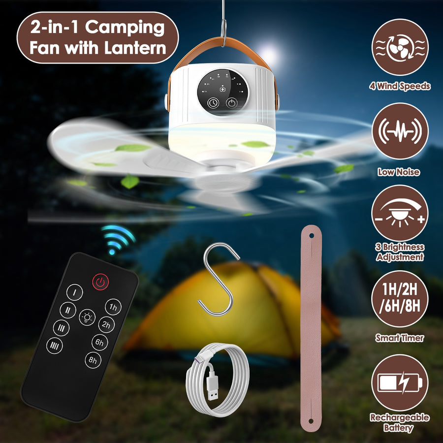 1Pc Tent Ceiling Fan With Light 7200mah Rechargeable Battery Operated Hanging Canopy Fan With Remote Control 4 Wind Speeds 3 Brightness Standard Type