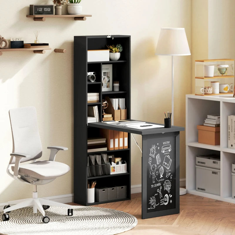 Old-out Convertible Home Office Desk, Wall Mount Computer Desk With Blackboard And Side Shelf, Black