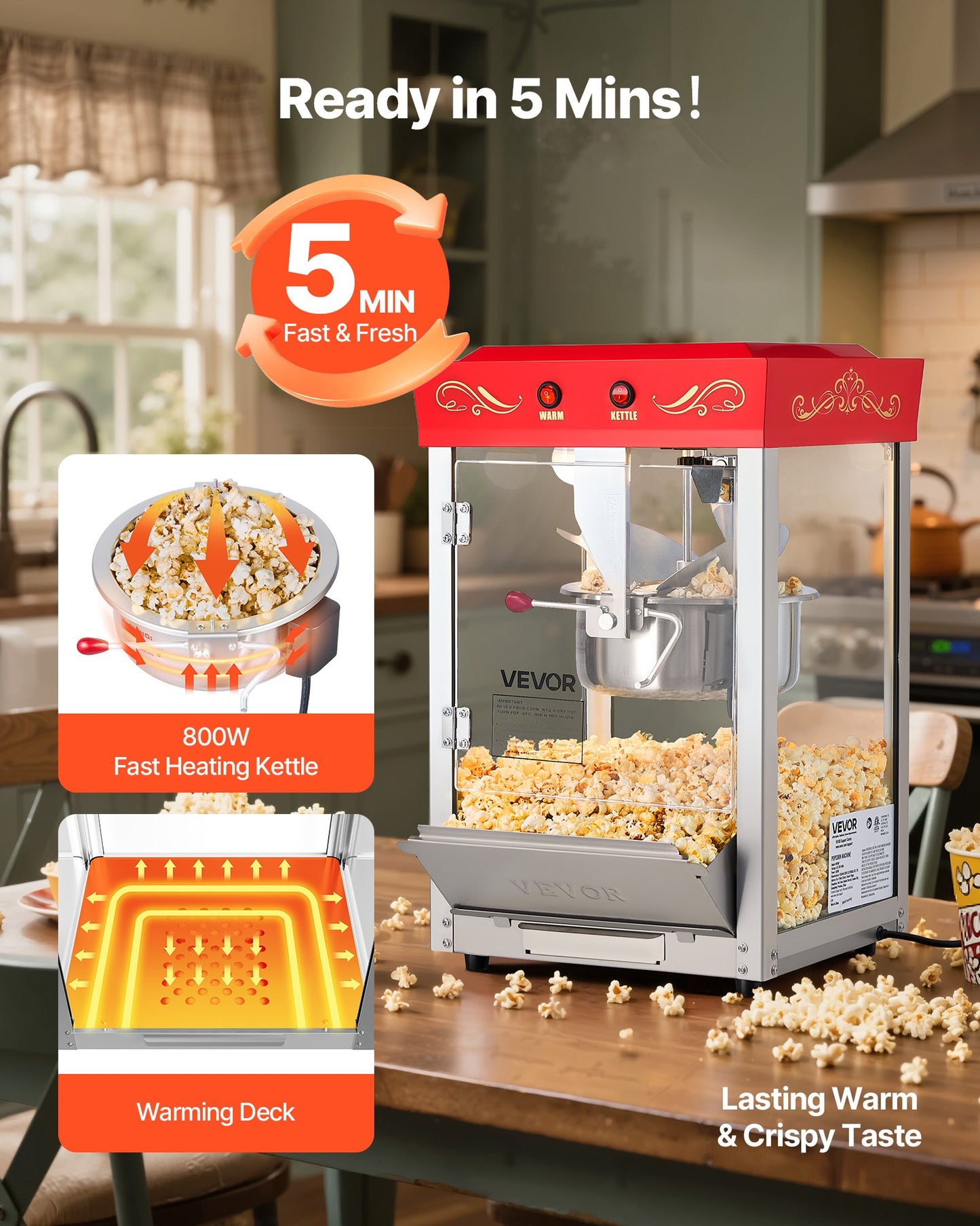 Popcorn Machine, 8oz Stainless Steel Kettle, 800W Commercial Countertop Popcorn Maker, 48 Cups Per Batch Theater Style Popper, With 2-Button Control Glass Wall PC Door 1 Scoop 3 Spoons, Red