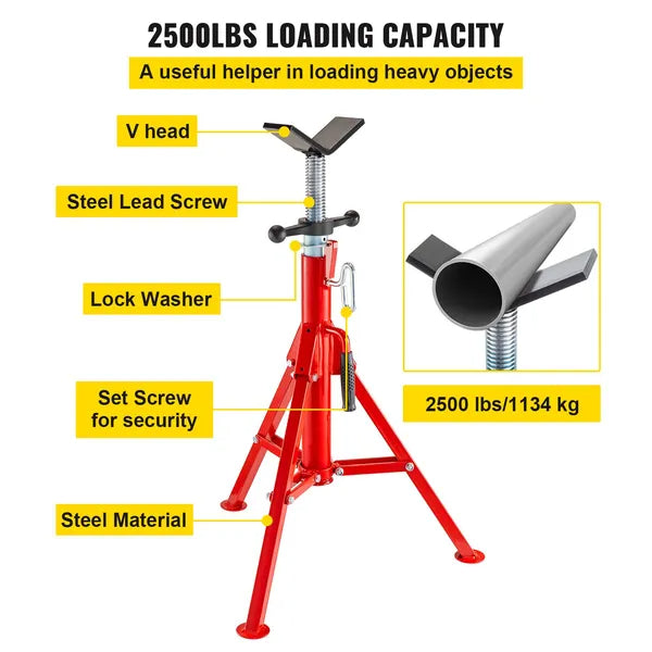 V Head Pipe Stand Adjustable Height 28-52 Inch, Pipe Jack Stands 2500 LB. Capacity,Folding Portable Pipe Stands To 12 Inch Pipe Supporting,Steel Jack Stands
