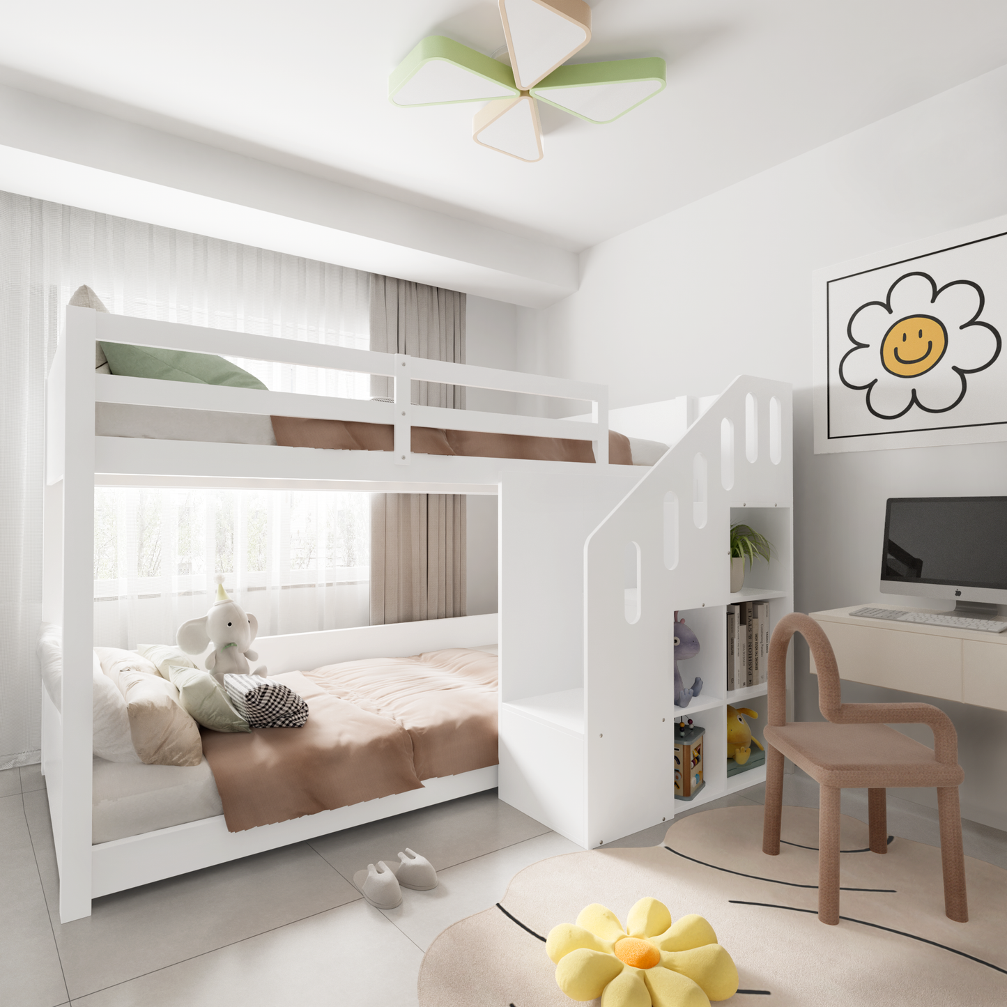 Childrens Bunk Bed, 2 Single Beds - 3ft 90x190cm, Suitable For 2 Children, Multifunctional Children's Bed With Stairs And Storage Cabinets, Stable Railings, Mattress Not Included, White