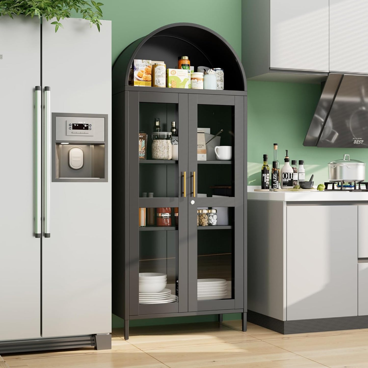 Metal Arched Cabinet With Lock, Arch Display Bookcase With Glass Doors Shelves, Modern Freestanding Kitchen Pantry Storage Cabinet For Dining Room, Home, Office, Assembly Required Black