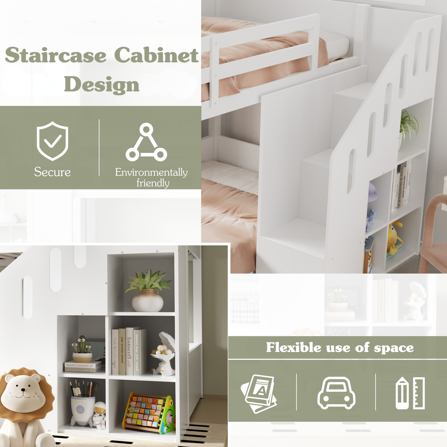 Childrens Bunk Bed, 2 Single Beds - 3ft 90x190cm, Suitable For 2 Children, Multifunctional Children's Bed With Stairs And Storage Cabinets, Stable Railings, Mattress Not Included, White