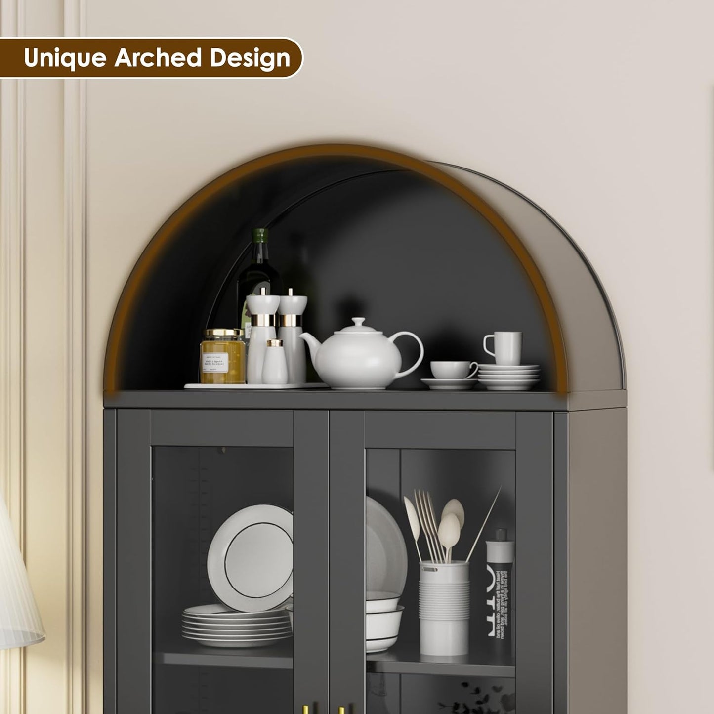 Metal Arched Cabinet With Lock, Arch Display Bookcase With Glass Doors Shelves, Modern Freestanding Kitchen Pantry Storage Cabinet For Dining Room, Home, Office, Assembly Required Black