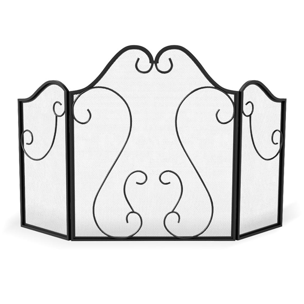 3 Panel Fireplace Screen Foldable Guard Cover With Decorative Scroll