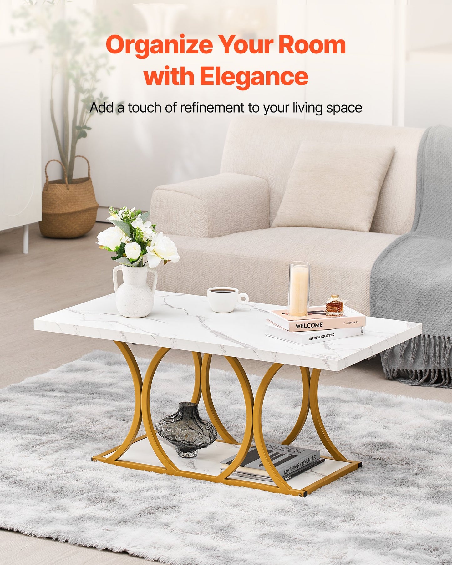 Coffee Table, Modern Faux Marble Coffee Table, 2-Tier Rectangle Center Desk With Geometric Legs, Minimalist Sturdy Metal Frame Accent End Desk For Living Room, Office, Easy Assembly, White