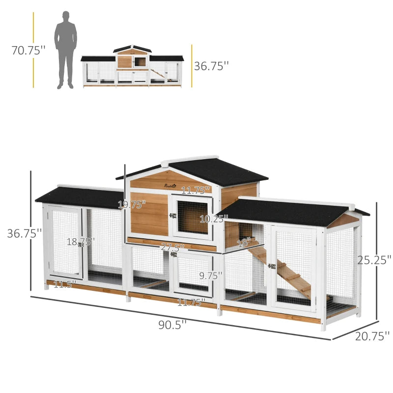 Wooden Rabbit Hutch Bunny Cage Pet Playpen House Enclosure With Double Side Run Boxes, No Leak Tray, Ramp, For Rabbits, Chickens, Ducks, Guinea Pig And Small Animals, White