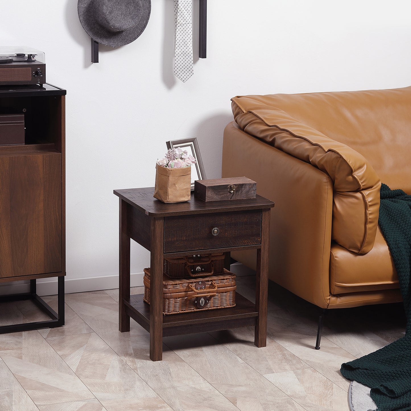 Dark Brown Nightstand With Drawer And Shelves Compact Design For Small Spaces Bedroom Furniture