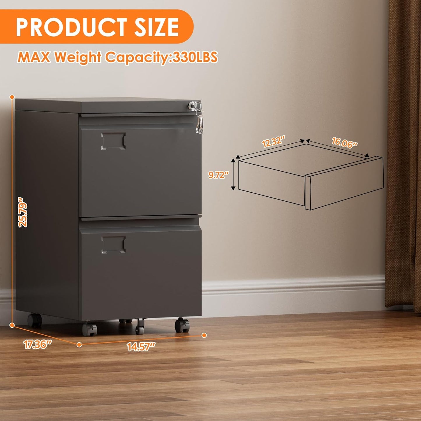 2 Drawer Mobile File Cabinet, Metal Under Desk Cabinet With Lock Name Card Holder For Office Home, Legal Letter Size, Assembly Required