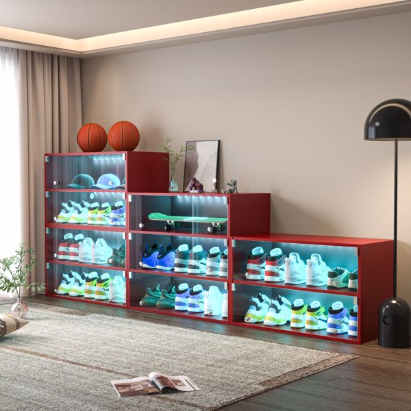 Red Glass Door Shoe Box Shoe Storage Cabinet For Sneakers With RGB LED Light - Single